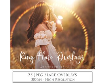34 Halo Sun Flare Ring OVERLAYS in High Resolution for Photography. Golden Sunlight.