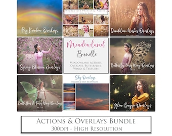 Digital Overlays, Png BUNDLE, Photoshop ACTIONS, MEADOWLAND,  Sun Flare, Photo Overlay, Fairy Wings, Textures, Rainbow, Clipart, Butterfly