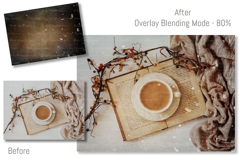 May include: A cup of coffee on a saucer sits on top of an open book with a brown knitted blanket and a garland of autumn leaves and berries. The book is open to a page with text. The background is a light grey.