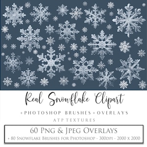 Realistic Snowflakes with Png & Jpeg Clipart Overlays and 80 Photoshop Brushes, High Resolution, Digital Scrapbooking, Christmas, Winter, AI