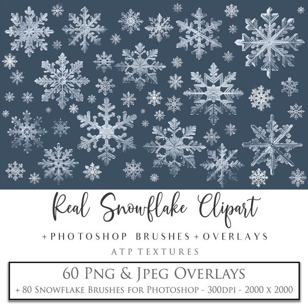 Realistic Snowflakes with Png & Jpeg Clipart Overlays and 80 Photoshop Brushes, High Resolution, Digital Scrapbooking, Christmas, Winter, AI