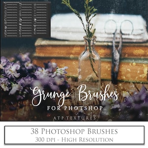 38 種類の Photoshop ブラシ、グランジ テクスチャ / デジタル スクラップブック、テクスチャ、写真ブラシ、高解像度、テクスチャ オーバーレイ