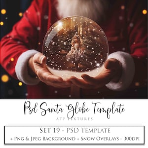 MODÈLE PHOTOSHOP, arrière-plan numérique - boule à neige - modèle Psd Père Noël, n° 19 - Png, Jpeg, superposition de photos, cliparts de Noël, cartes, art IA