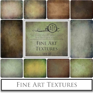 May include: A set of 18 digital fine art textures in various shades of green, brown, and beige. The textures have a vintage, distressed look and are perfect for adding a unique touch to your digital art projects.