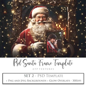 May include: A digital template for creating a Christmas photo frame featuring Santa Claus in a red suit and a white beard, holding a picture frame with a couple inside. The background is a dark, magical scene with sparkling lights.