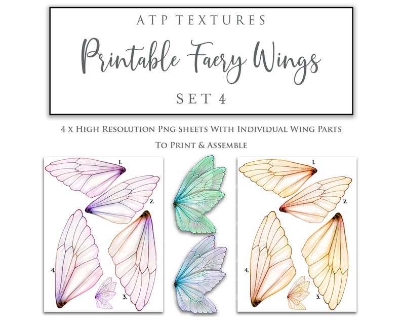 Printable Fairy Wings. For Art Dolls, Adults, Children. High resolution, png files. This is a digital product. Print and cut. Paper craft. Create fairy wing earrings or crown jewelry from these designs. Commercial licence is available.
