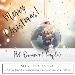 PHOTOSHOP TEMPLATE, Digital Background, Christmas Ornament Psd File, No. 7, Png included, Xmas Photo Overlay, Snow Clipart, Scrapbooking, AI