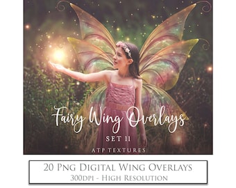 May include: A set of 20 digital fairy wing overlays in PNG format. The overlays are high resolution, 300 DPI, and perfect for adding a magical touch to your photos. The wings are iridescent and have a delicate, ethereal quality.