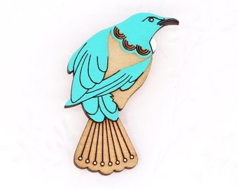 Hand Painted Wooden Tui with Pohutukawa Flower Tail Brooch