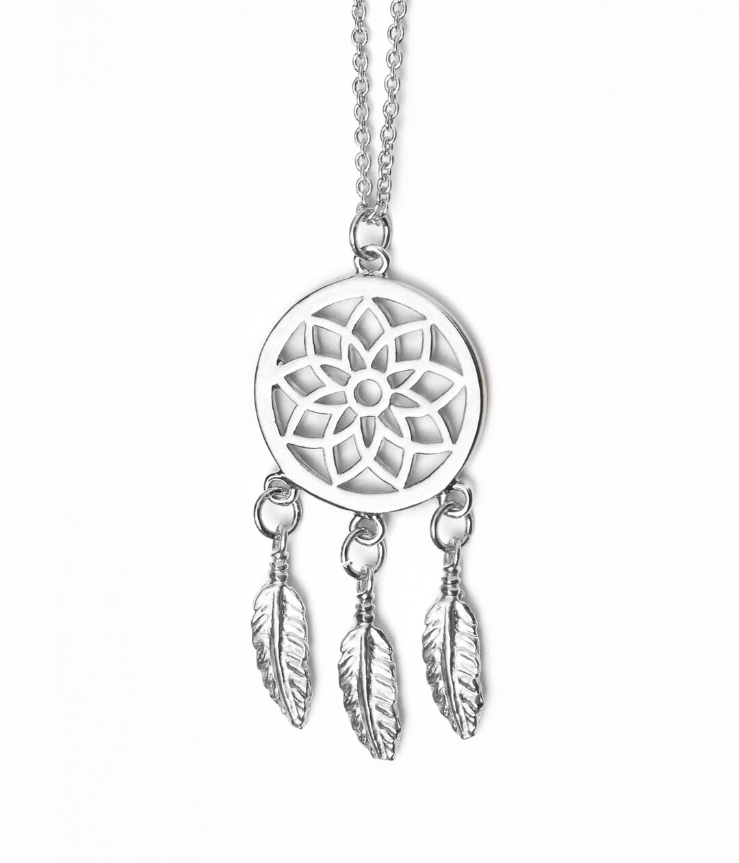 Rhodium Dream Catcher Necklace With Feather Charms Etsy UK