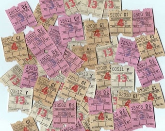 May include: A collection of vintage paper tickets for public transportation services. The tickets are mostly cream colored with red and blue text. Some tickets are pink with black text. The tickets have numbers and letters printed on them, such as 18514 0g, 92001 Gf, 00505 Y, and 18507 0g.