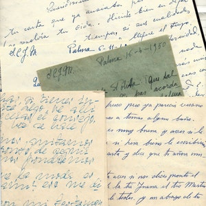 May include: A close-up of handwritten letters on different colored paper. The letters are in Spanish and are dated 1950 and 1961. The text includes the words "Palma" and "Manacor".