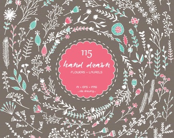 115 Floral Hand Drawn Digital Clip Art - Wedding Clip Art -Floral Wedding-Flower  Clip Art-Laurels-Invitation-Scrapbooking-Flower Hand Drawn