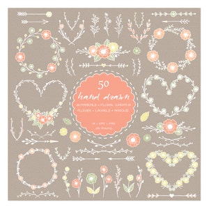 50 Hand Drawn Anemone Flower Digital Clip Art - Wedding- Floral Wreaths - Botanicals - Chalkboard Wedding - Rustic Flower - Arrows - Laurels