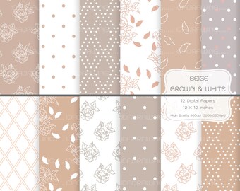 Beige Brown &amp; White Digital Paper-Floral Digital Paper-Rose Digital Paper-Flower Pattern-Brown Digital Paper-Scrapbook-Wedding-Background