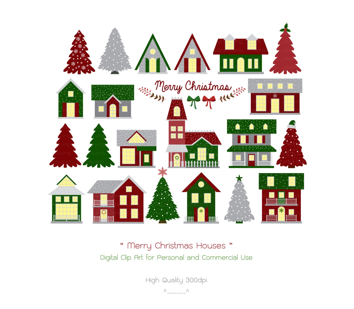 Christmas Houses Digital Clip Art - Merry Christmas - Christmas Tree
