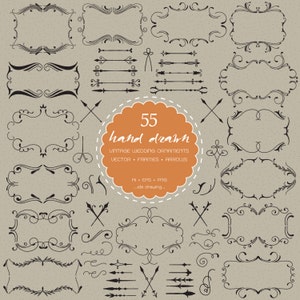 May include: A set of 55 hand-drawn vintage wedding ornaments, frames, and arrows. The ornaments are in black and white and have a delicate, intricate design. The text "55 hand drawn" is in a circle with a dashed line border.
