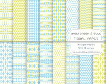 Tribal Digital Paper -  Baby Green &amp; Blue Tribal Digital Paper - Tribal Background - Geometry Digital Paper - Scrapbooking Paper - Wallpaper