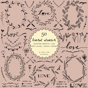 50 Hand Drawn Valentine Wreaths Digital Clipart - Valentine’s Clipart - Wedding Floral - Heart Wreath-Chalkboard Wedding-Arrows-Laurels-Love