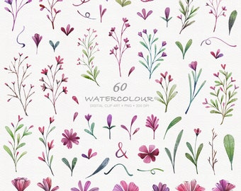 60 Watercolour Flower Digital Clip Art - Wedding - Floral Clip Art-Flower Vector-Botanicals - Invitation - Floral Frames -Leaf Frames-Garden