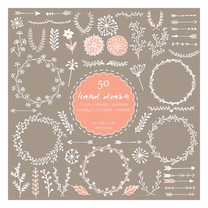 50 Floral Hand Drawn Digital Clip Art - Wedding Clip Art - Floral Wedding - Floral Frames - Floral Wreaths -Flower-Laurels-Arrows-Invitation