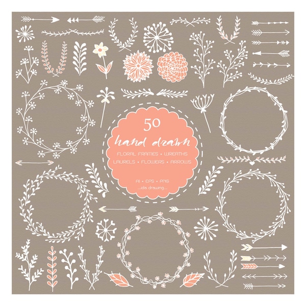 50 Floral Hand Drawn Digital Clip Art - Wedding Clip Art - Floral Wedding - Floral Frames - Floral Wreaths -Flower-Laurels-Arrows-Invitation