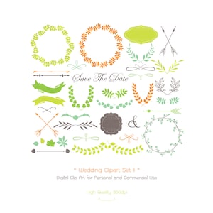 35 Wedding Digital Clipart Set II - Wreaths - Laurels- arrows-Wedding Invitation-Floral Frames-Wedding Card - Floral Wreaths - Flower Border
