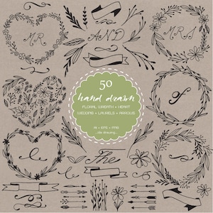 50 Hand Drawn Wedding Wreath Digital Clip Art-Floral Frames-Wedding Flower-Floral Wreaths-Chalkboard Wedding-Rustic Flower-Arrows-Laurels