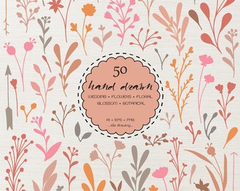 50 Hand Drawn Flowers Digital Clip Art - Wedding Flower - Floral Clip Art - Botanicals - Rustic Flower-Garden-Invitation Card-Flower Vector