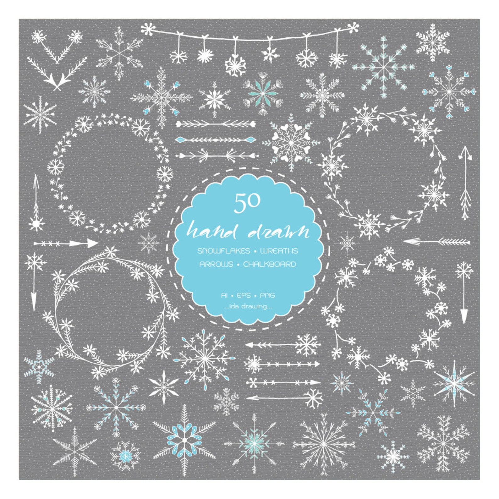 50 Hand Drawn Snowflakes Digital Clip Art - Christmas Clip Art - Snow ...