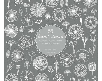 May include: A set of 55 hand-drawn floral illustrations in white on a gray background. The illustrations include flowers, roses, botanicals, and garden elements. The text "55 hand drawn" is in a circle with a dashed line border.