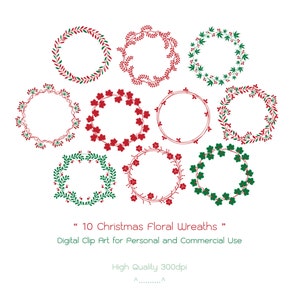 10 Christmas Floral Wreaths - Digital Clip Art - High Quality 300dpi - Personal and Commercial Use