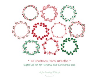10 Christmas Floral Wreaths - Digital Clip Art - High Quality 300dpi - Personal and Commercial Use