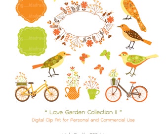 Love Garden Digital Clipart Collection III-Bird Clipart-Floral Clipart-Flower Clipart-Wedding Card-Floral Frames-Scrapbooking-Autumn Clipart