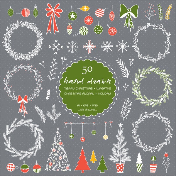 50 Hand Drawn Christmas Digital Clip Art - Merry Christmas - Christmas Wreaths - Christmas Decoration - Christmas Trees-Christmas Gift-Card