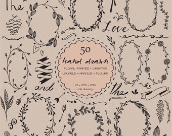 May include: A set of 50 hand-drawn floral frames, wreaths, laurels, arrows, and flowers. The text "The", "Love", "and", and "the" are included in the design.