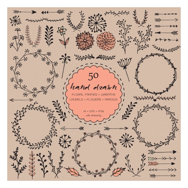 50 Floral Hand Drawn Digital Clip Art - Wedding Clip Art - Floral Wedding - Floral Frames - Floral Wreaths -Flower-Laurels-Arrows-Invitation