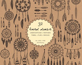 32 Hand Drawn Dreamcatcher Digital Clip Art 02-1-Feathers Clip Art-Tribal-Indian Clip Art-Chalkboard Wedding-Wedding Invitation-Flag-Arrows