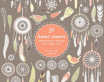 32 Hand Drawn Dreamcatcher Digital Clip Art - Feathers Clip Art - Bird - Tribal - Indian Clip Art-Chalkboard Wedding-Wedding Invitation-Flag