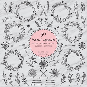 50 Hand Drawn Wedding Garden Digital Clip Art-Wedding Flower-Floral Wreaths-Botanicals-Chalkboard Wedding - Rustic Flower - Arrows - Laurels