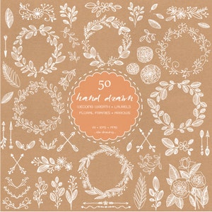 50 Hand Drawn White Laurel Wreath Digital Clip Art-Chalkboard Wedding-Floral Wedding-Wreath-Rustic Flower-Invitation Card-Arrows-Laurels