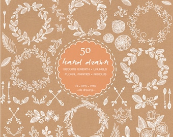 50 Hand Drawn White Laurel Wreath Digital Clip Art-Chalkboard Wedding-Floral Wedding-Wreath-Rustic Flower-Invitation Card-Arrows-Laurels