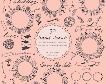 May include: A collection of hand-drawn floral frames, wreaths, and decorative elements in black on a peach background. Includes text that says "Wedding", "love", "Save the date", and "thank you".
