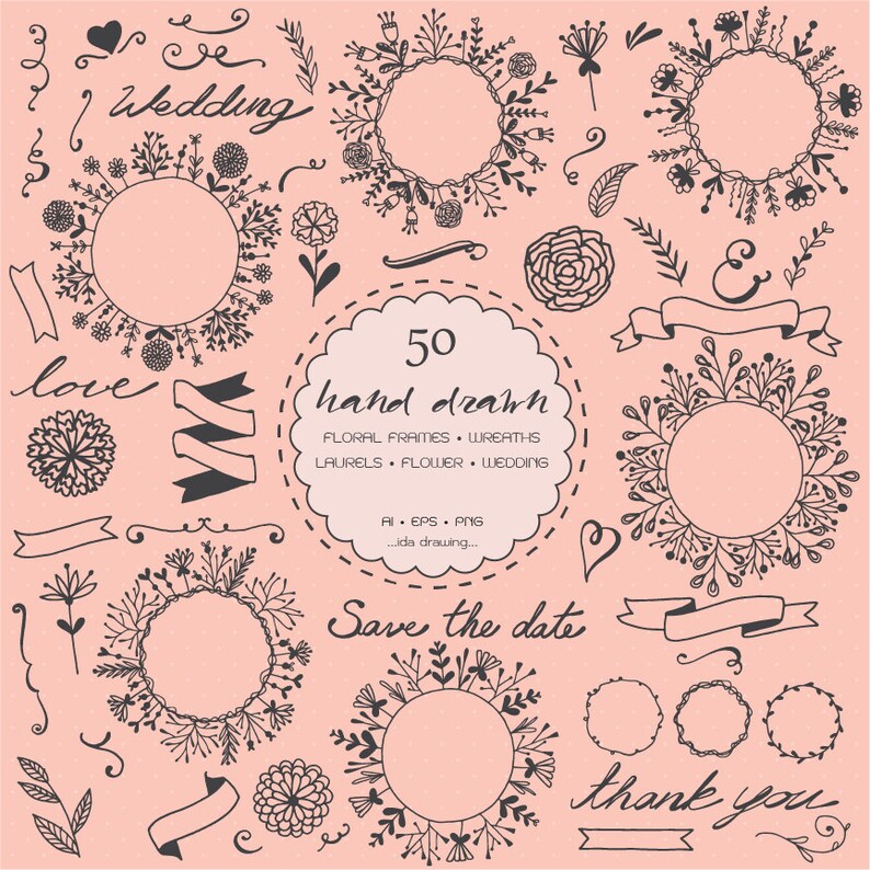 50 Hand Drawn Wedding Digital Clip Art Wedding Flower Etsy
