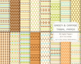 Tribal Digital Paper-Green &amp; Orange Tribal Digital Paper-Tribal Background-Geometric Pattern-Triangle Pattern-Scrapbooking-Tribal Wallpaper