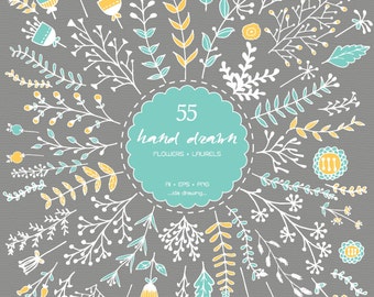 55 Floral Hand Drawn Digital Clip Art - Wedding Clip Art - Floral Wedding-Flower  Clip Art-Laurels-Invitation-Scrapbooking-Flower Hand Drawn