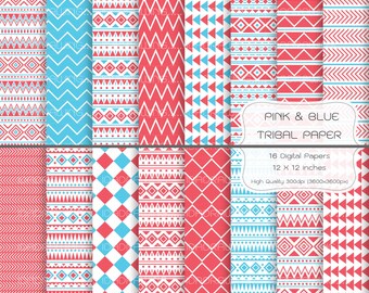 Tribal Digital Paper -  Pink & Blue Tribal Digital Paper - Tribal Background - Geometric Pattern - Geometry Digital Paper - Scrapbook Paper