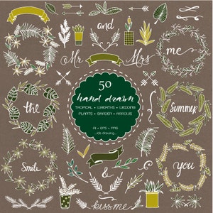 50 Hand Drawn Tropical Wedding Digital Clip Art-Wreaths-Garden-Plants-Palm-Fern-Summer-Floral Frames-Wedding Flower-Arrows-Laurels