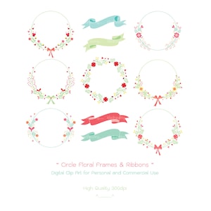 Circle Floral Frames & Ribbons - Digital Clip Art - High Quality 300dpi - Personal and Commercial Use