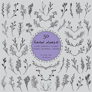 50 molduras florais desenhadas à mão Clip Art digital - Molduras de flores - Flor de casamento - Clip Art floral - Grinaldas florais - Casamento-Botânicos-Laurels